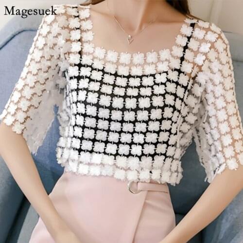 Hollow Out Solid Loose Two-Piece Chiffon Blouse with Sling Mesh Lace Casual Women Shirt Sexy Summer Top Blusas Mujer New 8976