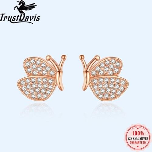 TrustDavis Authentic 100% 925 Sterling Silver Fashion Symmetry Dazzling CZ Butterfly Stud Earring For Women Wedding Gift DS1072