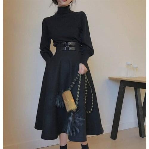 Chic Turtleneck Puff Sleeve Knitted Women Dresses Simple Vintage Slim Fit Black Dress Solid Color Mid-leng Vestidos