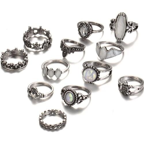 144 pieces/lot Turtle Rings Set Crystal Antique Silver Color Crown Hollow Heart Ring Women White Stone Rhinestone Flower Jewelry