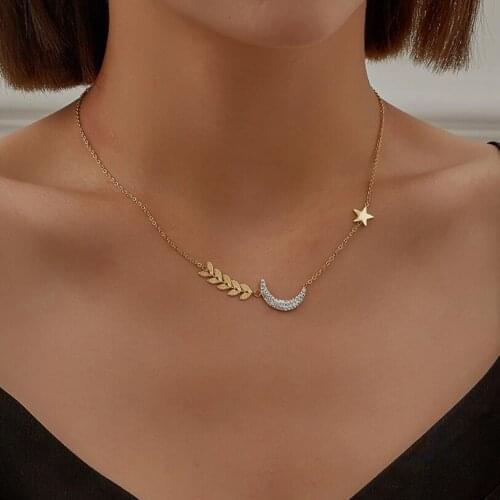 316L Stainless Steel Upscale Zircon Stars Moon Wheat Ears Pendant Choker Chain Necklace For Women Fashion Trend Jewelry SAN392