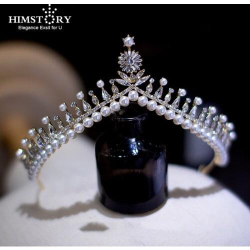 HIMSTORY Fashion Gold Bridal Tiara Headpieces Zircon Crystal Brides Headbands Wedding Hair Accessories
