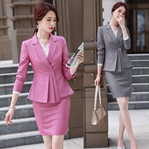 Fashion Ladies Pink Blazer Women Business Suits with Skirt and Jacket Sets Elegant Work Office Uniform OL Styles