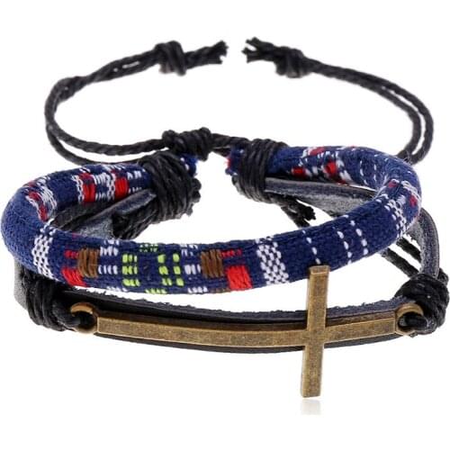 Jessingshow Mens Handmade Braid Genuine Leather Rope Chain Bracelets Casual Alloy Cross Pulsera Masculina Length Adjustable