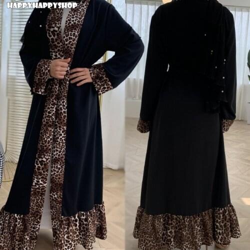 New Leopard Print Cardigan Dubai Kimono Open Front Abaya Turkish Islamic Belted Kaftan Long Maxi Party Dress For Muslim Women