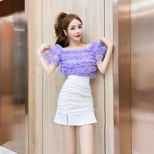 2020 Summer New Two Piece Set Korean Ladies Sexy Off Shoulder Slim Tops Women Puff Sleeve Blouse+High Waist Mini Skirt Suits