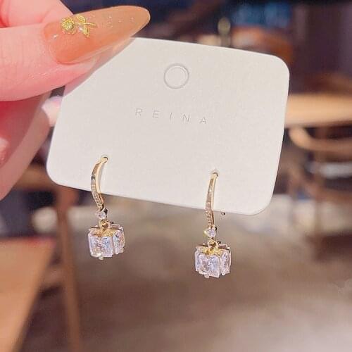 Korean New Trendy Geometric Zircon Pendant Earrings for Women Fashion Dangle Earrings Female Delicate Square Drop Earrings Gifts