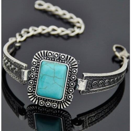 Charming Indian Tibetan Style Vintage Silver Square Stone Bracelet Watchband Bangle Girl Womens Gift MB167