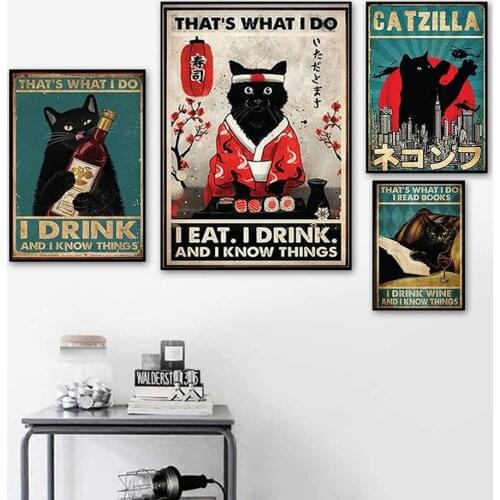 Mental Black Cat Poster Thats What I Do Art Print Vintage I Eat I Drink And I Know Things Canvas Painting Kitchen Home Decor