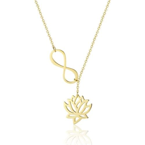 RIR Stainless Steel Infinity Symbol Lotus Unique Necklace Blooming Flower Yoga Lotus Plant Lady Jewelry Necklaces