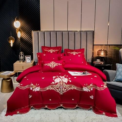 Luxury Red 600TC Egyptian Cotton Flowers Embroidery European Wedding Style Bedding Set Duvet Cover Flat/Fitted Sheet Pillowcases