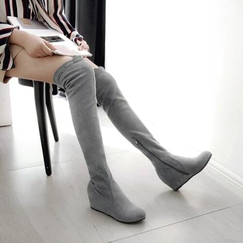 High rise knee boots, long boots, large elastic boots, thin boots, slim fit, sexy fashion, Korean single boot slope heel, winter