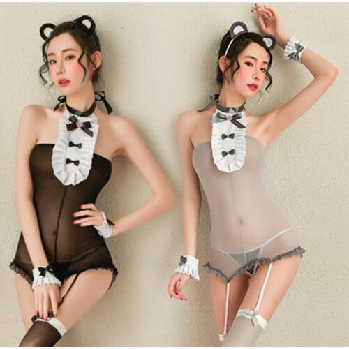 Sexy Lingerie Hanging Neck Stitching Butterfly Bow Tie Perspective Stocking Lace Temptation Garter Belt Playful Bear Tights Set