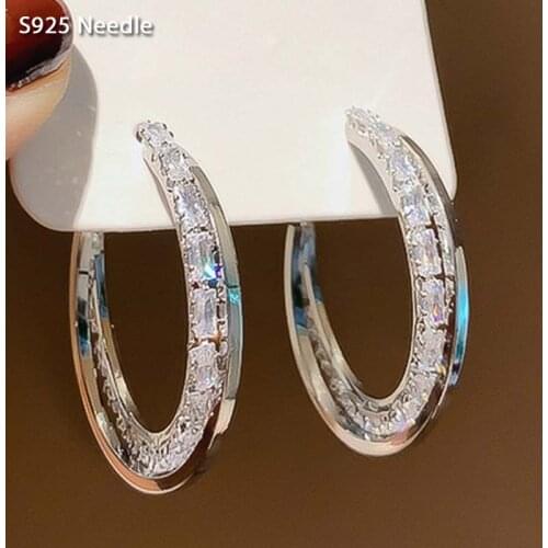 925 Sterling Silver Needle Hoop Earrings for Women Jewelry Statement Cubic Zircon Large Round Elegant Female Earrings