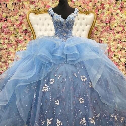 2021 Light Sky Blue vestidos de 15 años Quinceanera Dresses Beading Applique Sweet 16 Ball Gown Plus Size Prom Dress