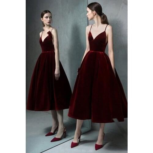 Evening Dress 2020 Gryffon Formal Evening Sexy V-neck A-line Tea-length Luxury Velour Spaghetti Strap Robe De Soiree Plus Size