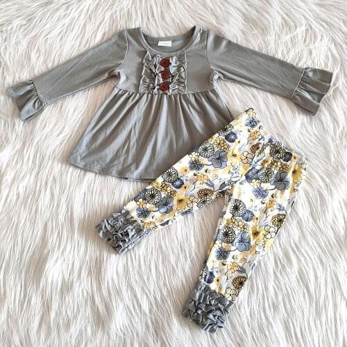 High quality children boutique fall clothing set girl gray top and flowers pattern pants set girl fashion icing ruffle outfit