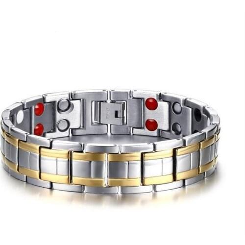 Gold Pure Stainless Steel Jewelry Mens magnetic Double row health care stone Bracelet Link Chain 15mm8.5