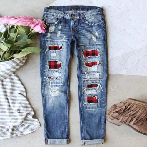 Woman Jeans Fashion Ripped Hole Plaid Patch Patchwork Long Jeans Denim Clothing Streetwear Vintage 2020 Fashion Pants Trousers
