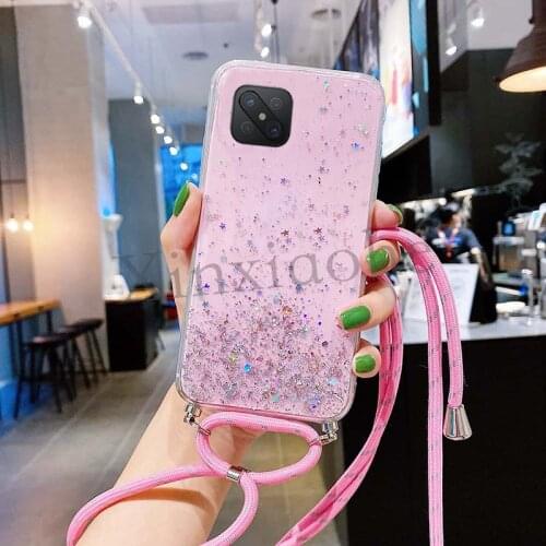 Phone case For OPPO Reno4 Z Style Lanyard Bling Glitter Soft Tpu Transparent Cover 5G