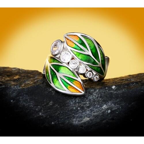 2021 New Bohemian Enamel Epoxy Double Leaf White Zircon Ring Female Wedding Anniversary Party Event Traveling Jewelry Gift