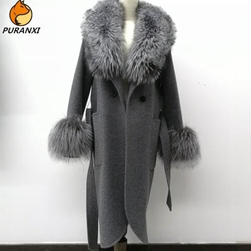 New fashion womens 100% real wool coat woolen jacket real natural silver fox collar genuine overcoat warm belted autumn winter