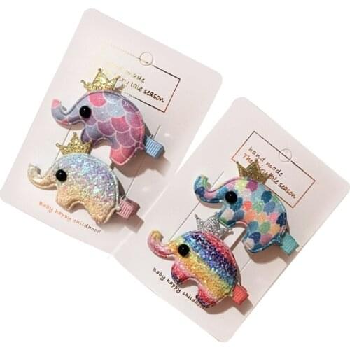 2 Pcs/set Cute Baby Girls Sequin Cloth Rainbow Hairpins Hair Barrettes Kids Cartoon Elephant Crown Duckbill Hair Clips Headwear