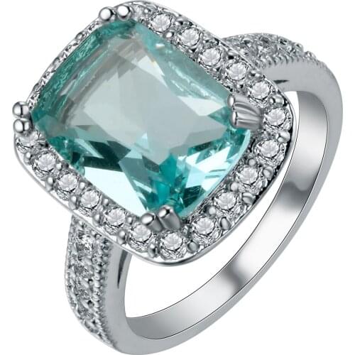 UFOORO Sky Blue Big AAA Cubic Zircon Ring for Women Wedding Jewelry Dazzling White Gold Accessories Love Gift