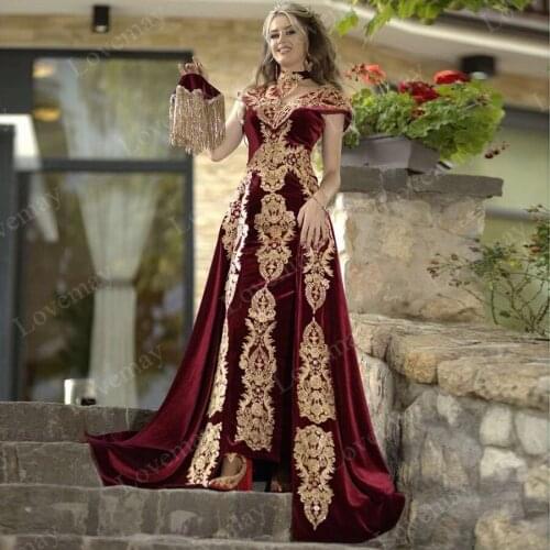Burgundy Mermaid Karakou Algerian Evening Dresses 2021 Velvet Gold Outfit Applique Lace Chalka Prom Gowns Muslim Formal Party