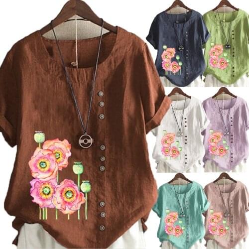 Summer Womens Casual Floral Printed Loose Cotton Linen T-shirt Retro Round Neck Large Size Short Sleeve Top S-5XL