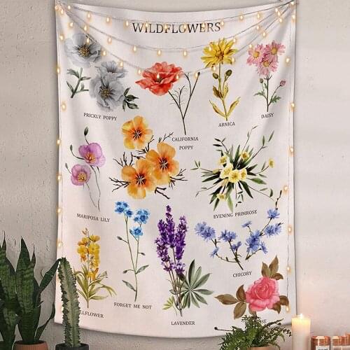 Wildflower Tapestry Botanical Floral Wall Hanging Flower Reference Chart Hippie Bohemian Tapestries INS Home Decor