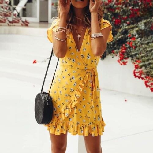 Jastie Women Dresses Summer 2021 Short Sleeve V Neck Casual Floral Print Ruffle Boho Mini Dresses Ladies Beach Party Vestidos