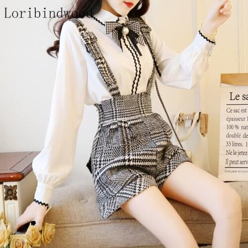 2020 New Bow Chiffon White Shirt Academic Style Houndstooth Overall Two-Piece Set