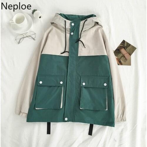Neploe Contrast Color Patchwork Motorcycle Jacket Double Pockets Zipper Hooded Coat Women 2020 New Safari Style Jackets 55730