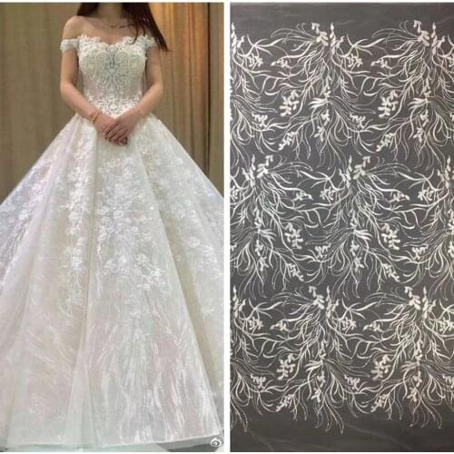 New fashion off white polyester on mesh embroidery lace fabric high-end dresses/stage performance clothes lace fabric 5yards