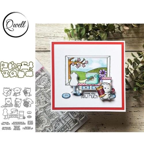 QWELL Cat Koala Glue Scissors Sewing Machine Cutting Dies and Clear Stamps Stencil Thank You Sentences DIY Scrapbooking 2021