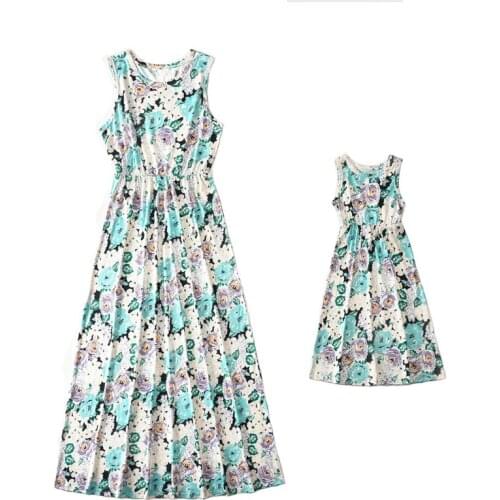 Family Matching Outfits Summer Sleeveless Floral Print Dress Long Skirt Parent Child Wear Girl Mom Baby Mommy Daughter Clothing