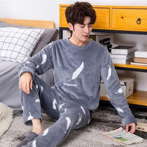 Pajamas Mens Autumn and Winter Long Sleeve Coral Fleece Brushed and Thick Warm Flannel Homewear Set 1834