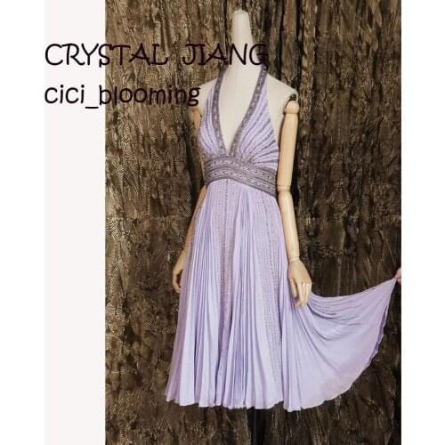 Deep V-neck Halter Beading Dresses Light Purple Cocktail Party Gown Backless