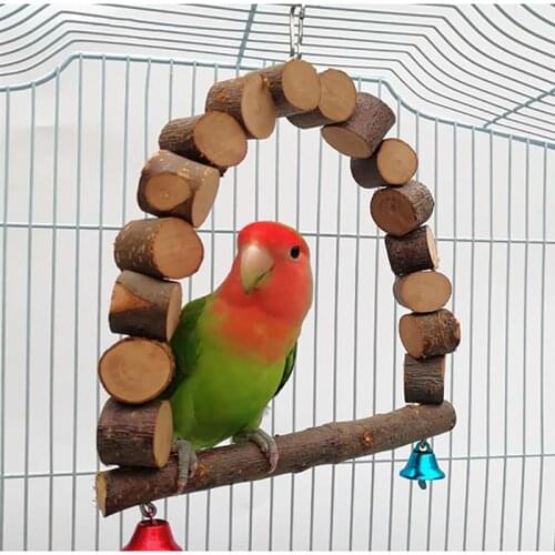 Natural Wooden Parrots Swing Toy Birds Perch Hanging Swings In Cage Creative Cockatiel Parakeet Toys With Bell Bird Accessories