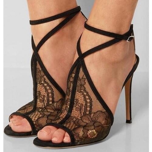 Elegant Black Lace Hollow Sandals Peep Toe Cut-out Flower Mesh See Through Ankle Strap Gladiator Sandals Women Dress Shoes