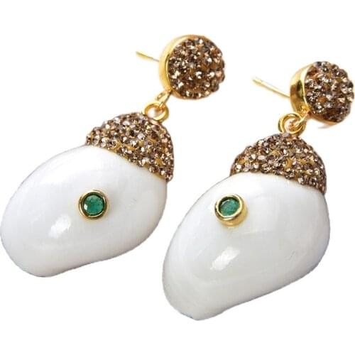 JK 20x32MM Natural White Shell Green Cz pave Stud Earrings