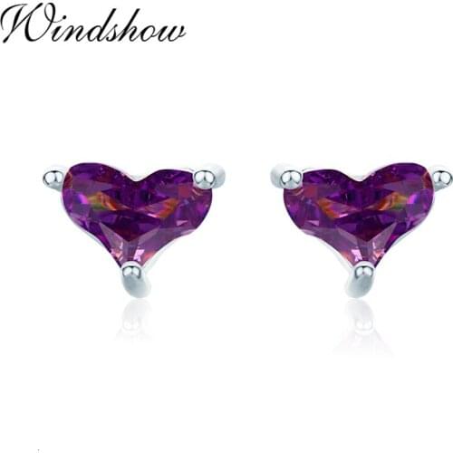 Cute 925 Sterling Silver Small Love Heart Purple CZ Stud Earrings For Women Girls Kids Jewelry Aros Aretes Orecchini Kolczyki