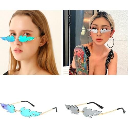 Luxury Fashion Fire Flame Sunglasses Women Rimless Wave Sun Glasses Metal Shades For Vintage Women Mirror Eyewear UV400