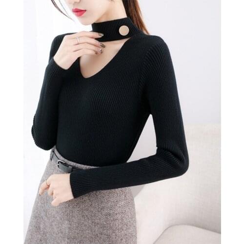 Winter Women White Knitted Sweater Black Kawaii Pullovers Hang Neck Collar Mujer Tops Ladies Long Sleeve Sweet Slim Jumper