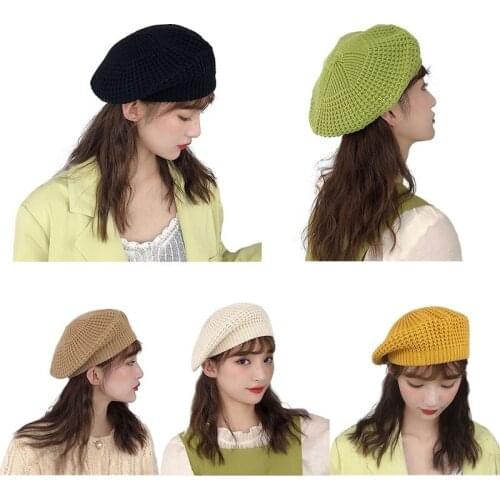 Autumn Winter Knitted Beret Female Japanese Soft Sister Cute British Hats Painter Sweet Color Caps Black Green Yellow New