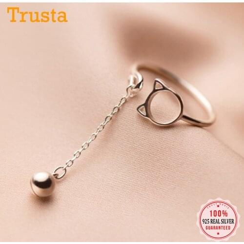 Trustdavis Real 925 Sterling Silver Fashion Hollow Cat Chain Bell Ball Opening Rings For Women Wedding Fine S925 Jewelry DS1140