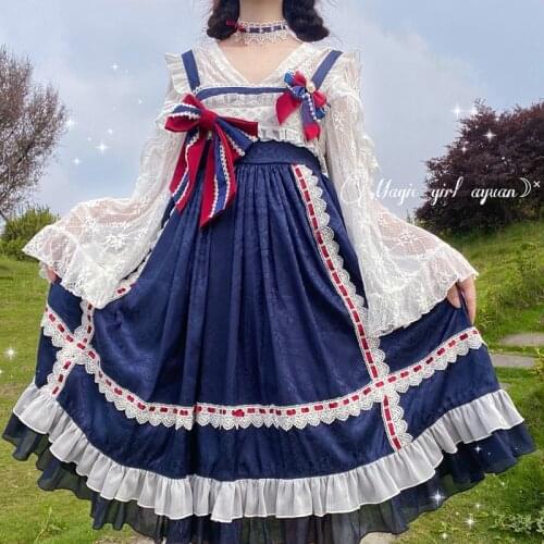 Japanese Sweet Lolita Style Kawaii Soft Girly Dress Vintage Square Collar Color Contrast Bow Sleeveless Lace Ruffles JSK Dresses