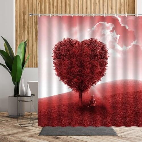 Red Love Shower Curtain Romantic Love Gift Valentines Day Decoration Background Hanging Cloth Waterproof Bath Curtains With Hook