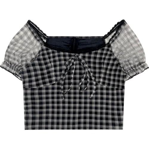 2021 Summer New Plaid Blouse Women Retro Square Collar Shirt Casual Lace Chiffon Puff Sleeve Short sleeve Tops Female Korea